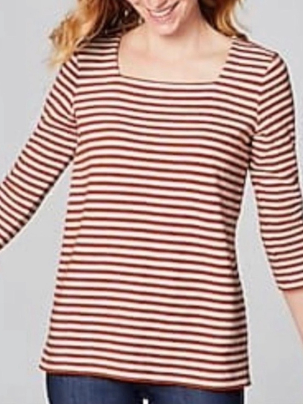J. Jill Striped Henna and Cream Square Neck Knit Top